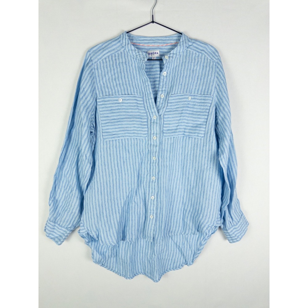 Brora Linen Striped Button Up Shirt Womens 10 Blue White Coastal Boho